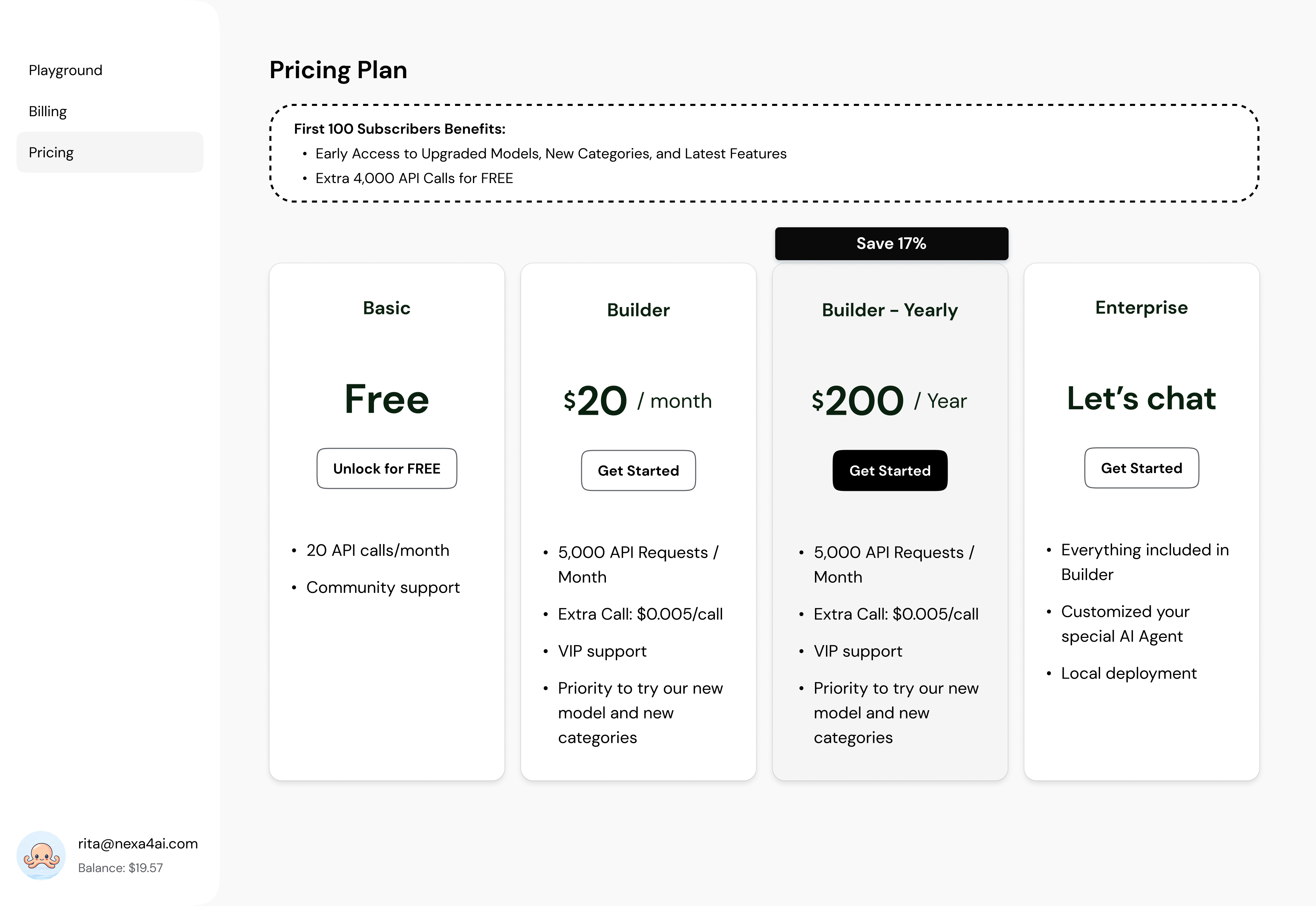 Octopus AI · pricing plan for API calls