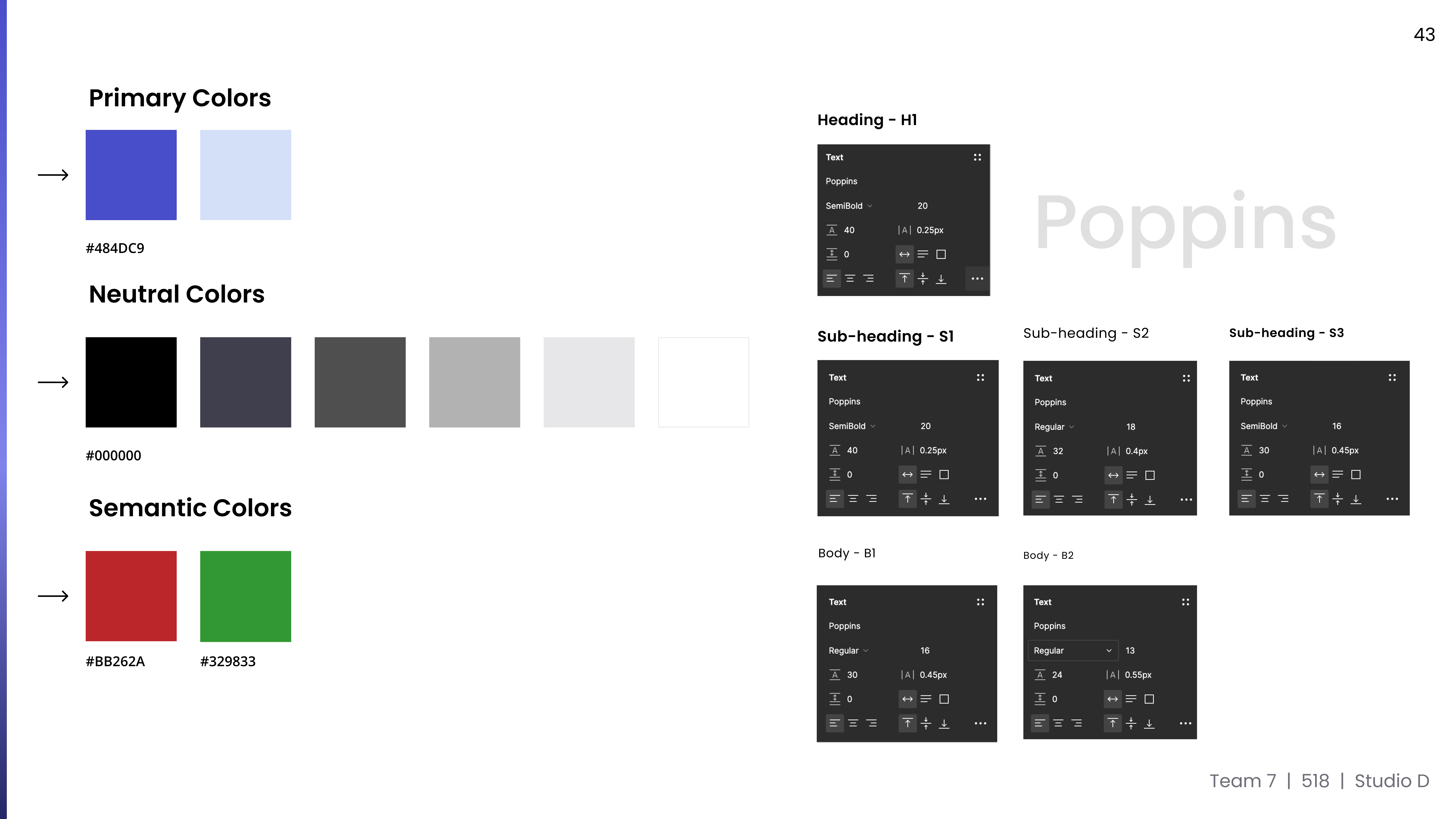 Design system slide — primary, neutral, and semantic colors plus Poppins type scale