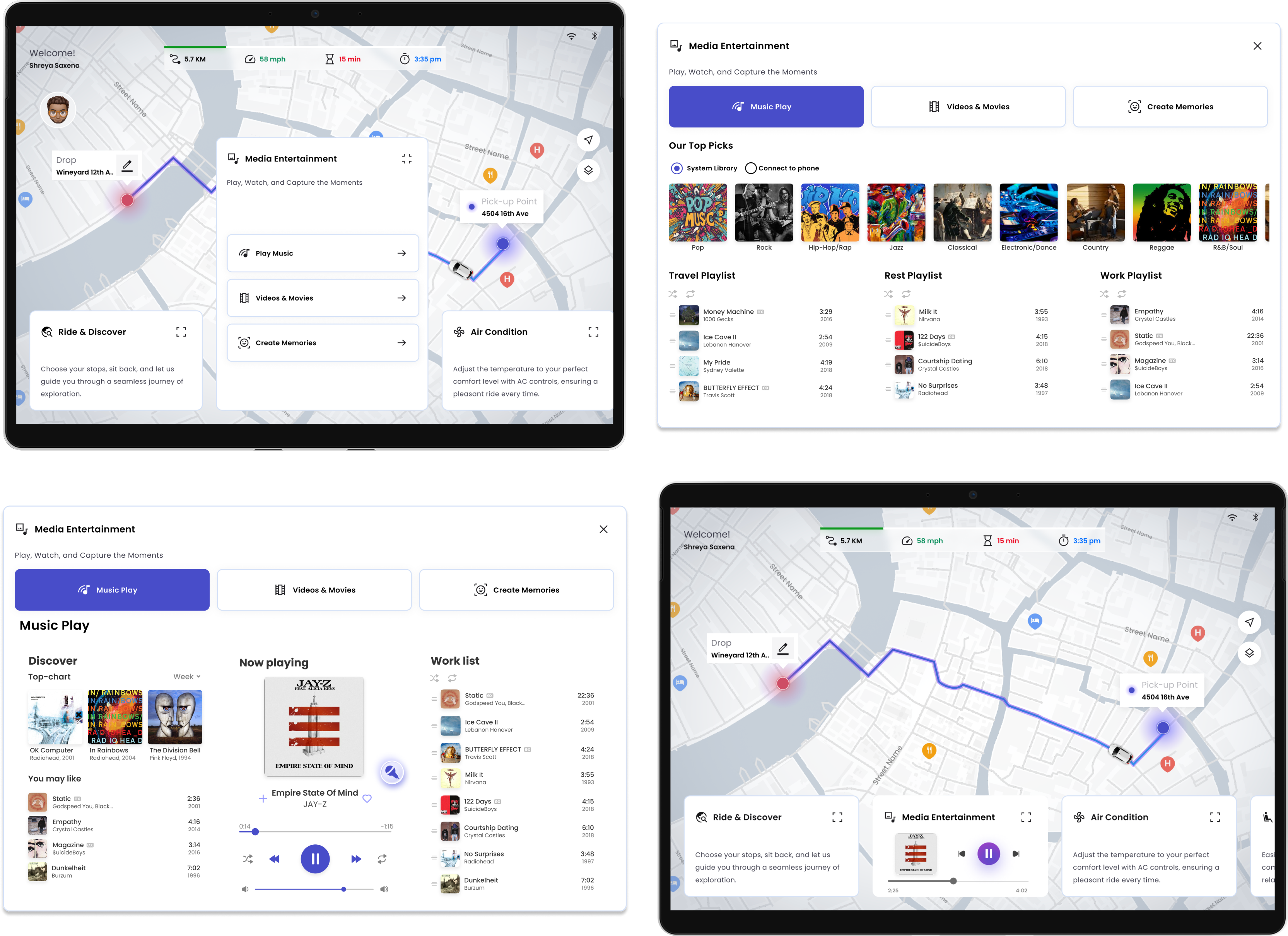 Four key screen states — map with reveal, media entertainment panel, music play, and full-screen map