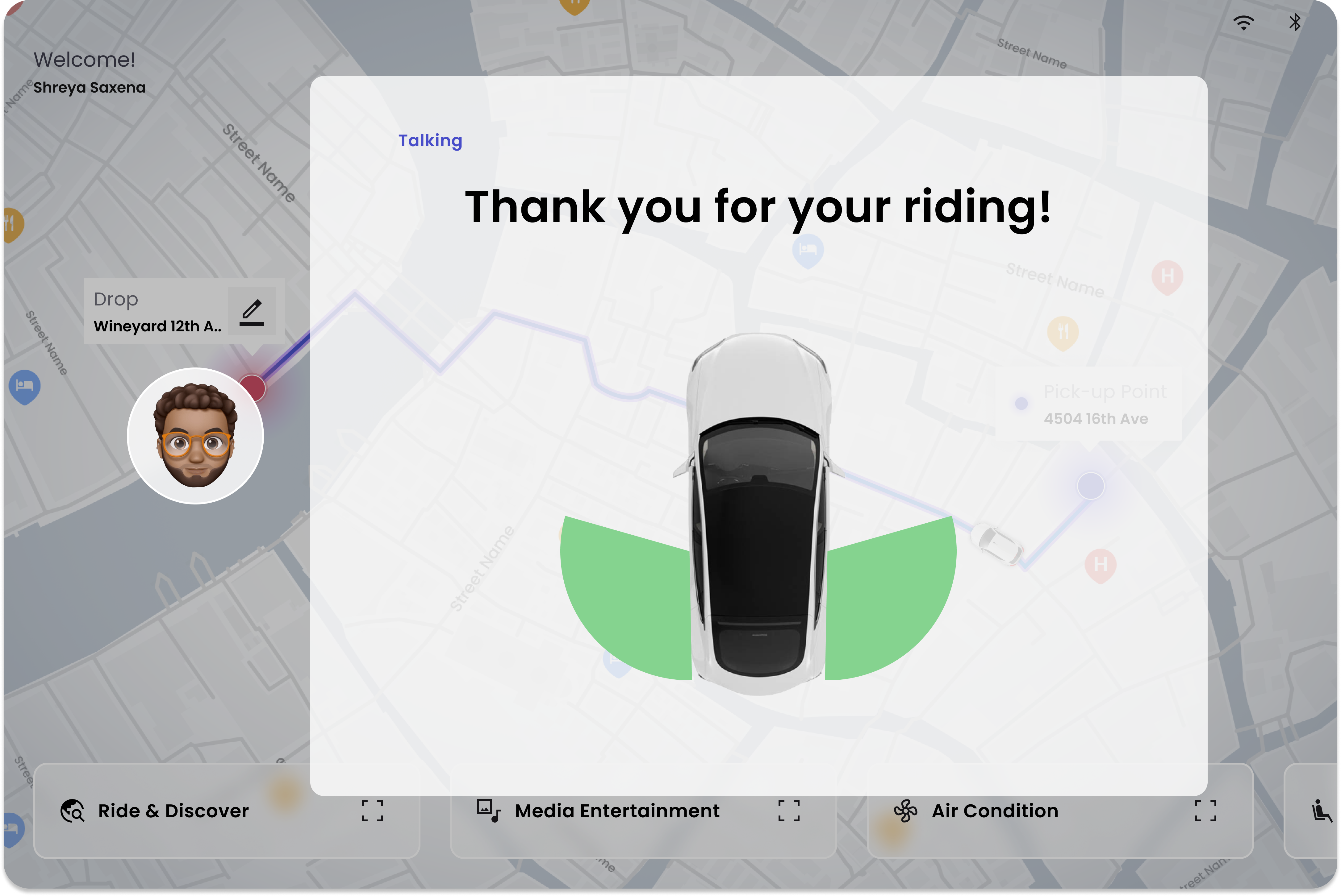 Smart Brook closing screen — Thank you for your riding, top-down car view inside the safety cone